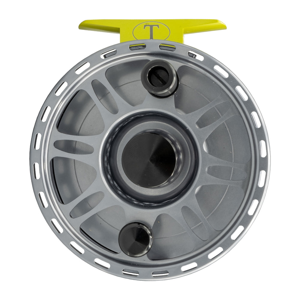 Tibor Everglades Reel Custom Graphite Grey Frame and Spool, Lemon Lime Drag Knob, Reel Foot and Stop Nut, Bonefish Engraving