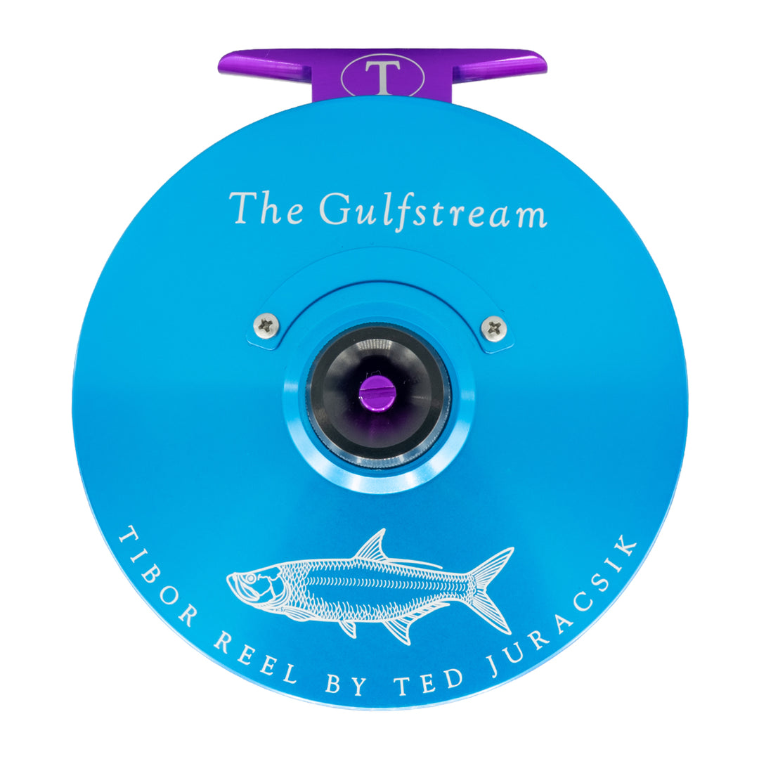 aqua fishing reel Tibor Gulfstream Reel Custom Aqua Frame, Jet Black Spool and Drag Knob, Violet Reel Foot and Stop Nut, Tarpon Engraving
