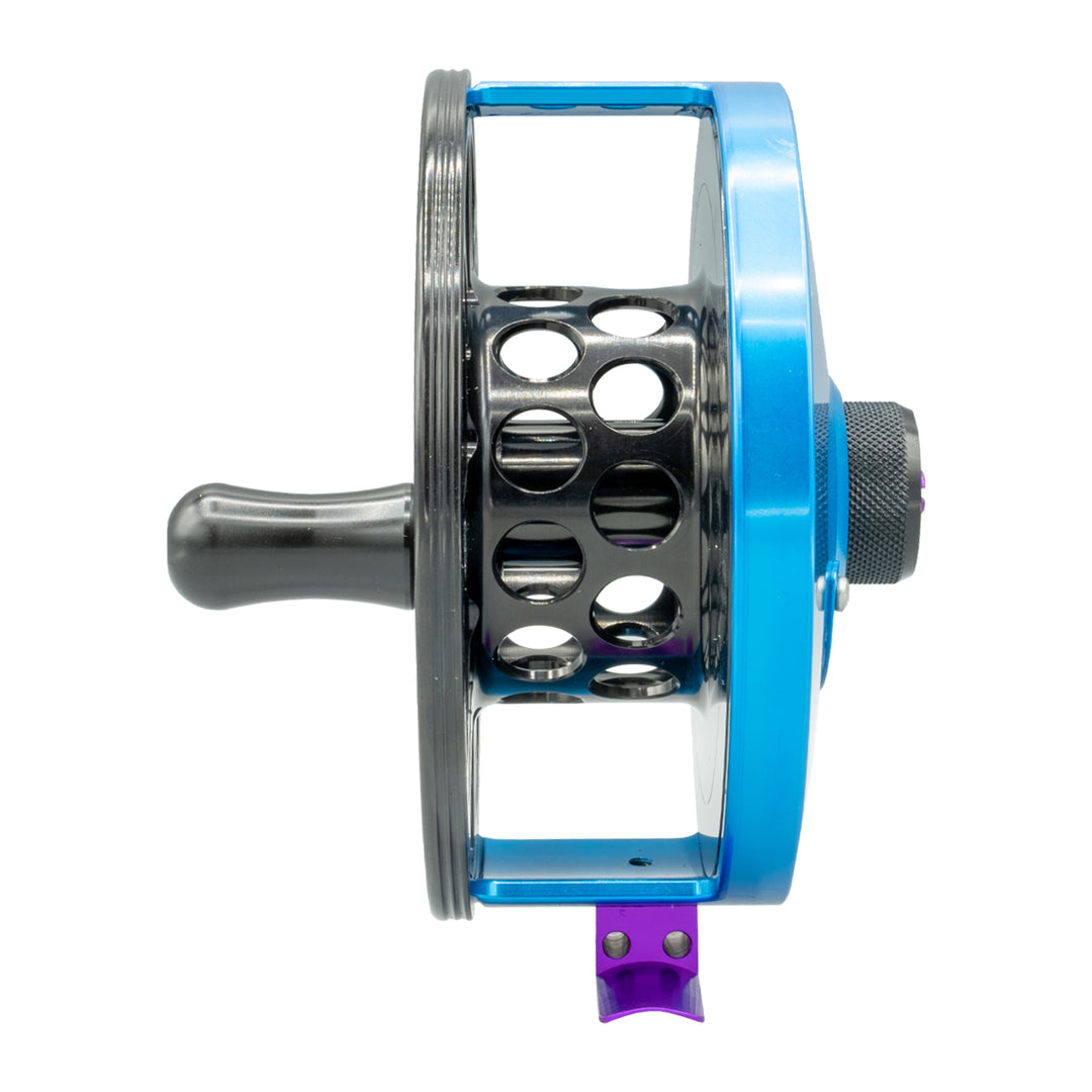 aqua fishing reel Tibor Gulfstream Reel Custom Aqua Frame, Jet Black Spool and Drag Knob, Violet Reel Foot and Stop Nut, Tarpon Engraving