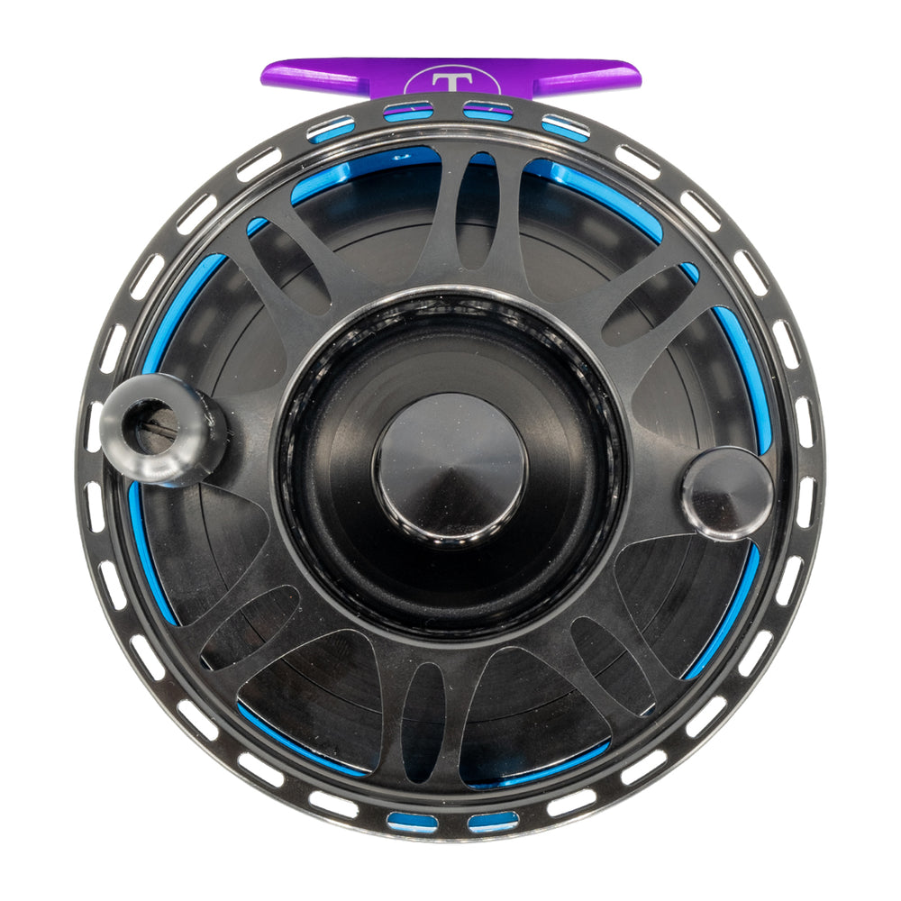 Tibor Gulfstream Reel Custom Aqua Frame, Jet Black Spool and Drag Knob, Violet Reel Foot and Stop Nut, Tarpon Engraving