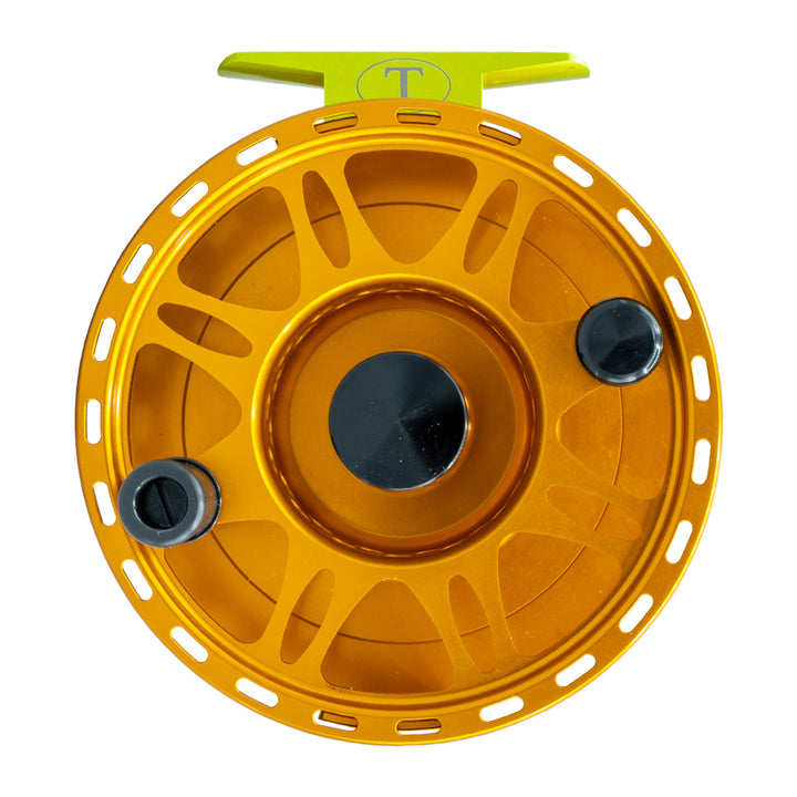 Tibor Riptide Reel Custom Sunset Orange Frame and Spool, Lemon Lime Reel Food and Drag Knob, Orange Stop Nut, Permit Engraving - Madison River Fishing Company