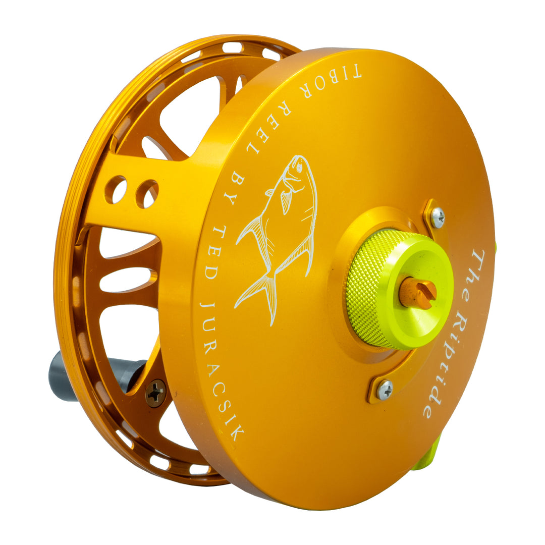 Tibor Riptide Reel Custom Sunset Orange Frame and Spool, Lemon Lime Reel Food and Drag Knob, Orange Stop Nut, Permit Engraving - Madison River Fishing Company