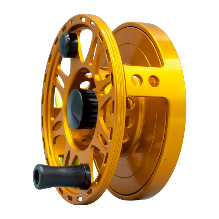 Tibor Riptide Reel Custom Sunset Orange Frame and Spool, Lemon Lime Reel Food and Drag Knob, Orange Stop Nut, Permit Engraving - Madison River Fishing Company