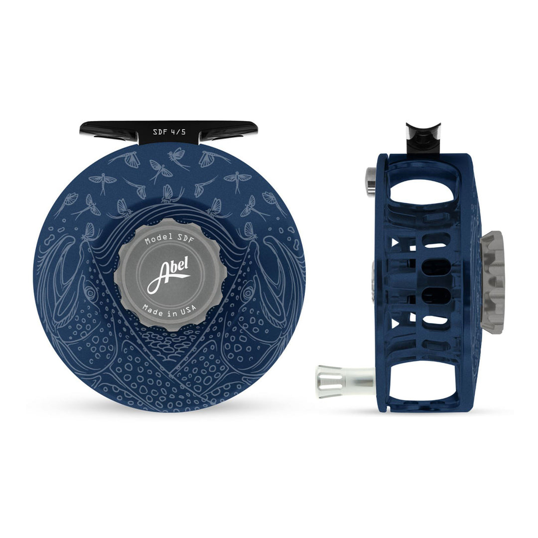 abel sdf 4/5 fly reel Abel SDF Solid Reel 4/5 Satin Deep Blue, Satin Platinum Drag Knob, Underwood Mayfly Flurry with Platinum Handle