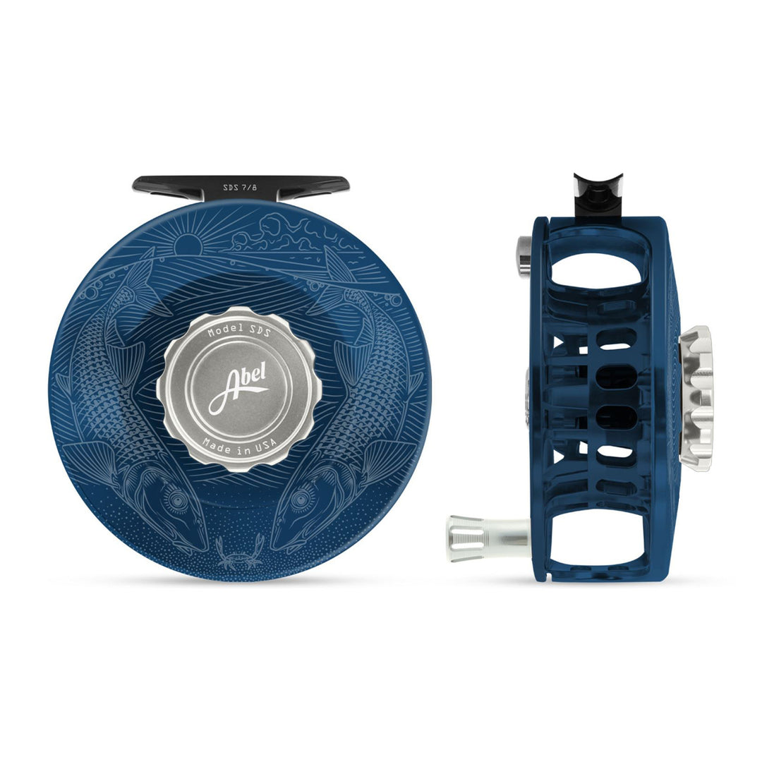Abel SDS Reel 7/8 Solid Underwood Tailing Bones Deep Blue, Platinum Drag Knob with Platinum Handle - Madison River Fishing Company