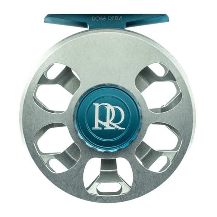 Fishing reel with blue and silver design on a white background