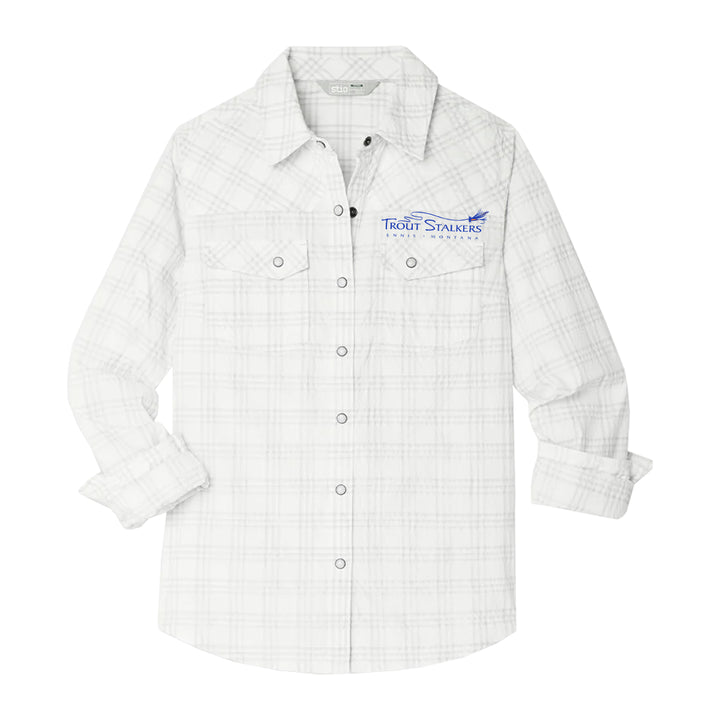 Stio MTS Logo Womens Eddy Coast LS Shirt Morning Frost Plaid X-Small