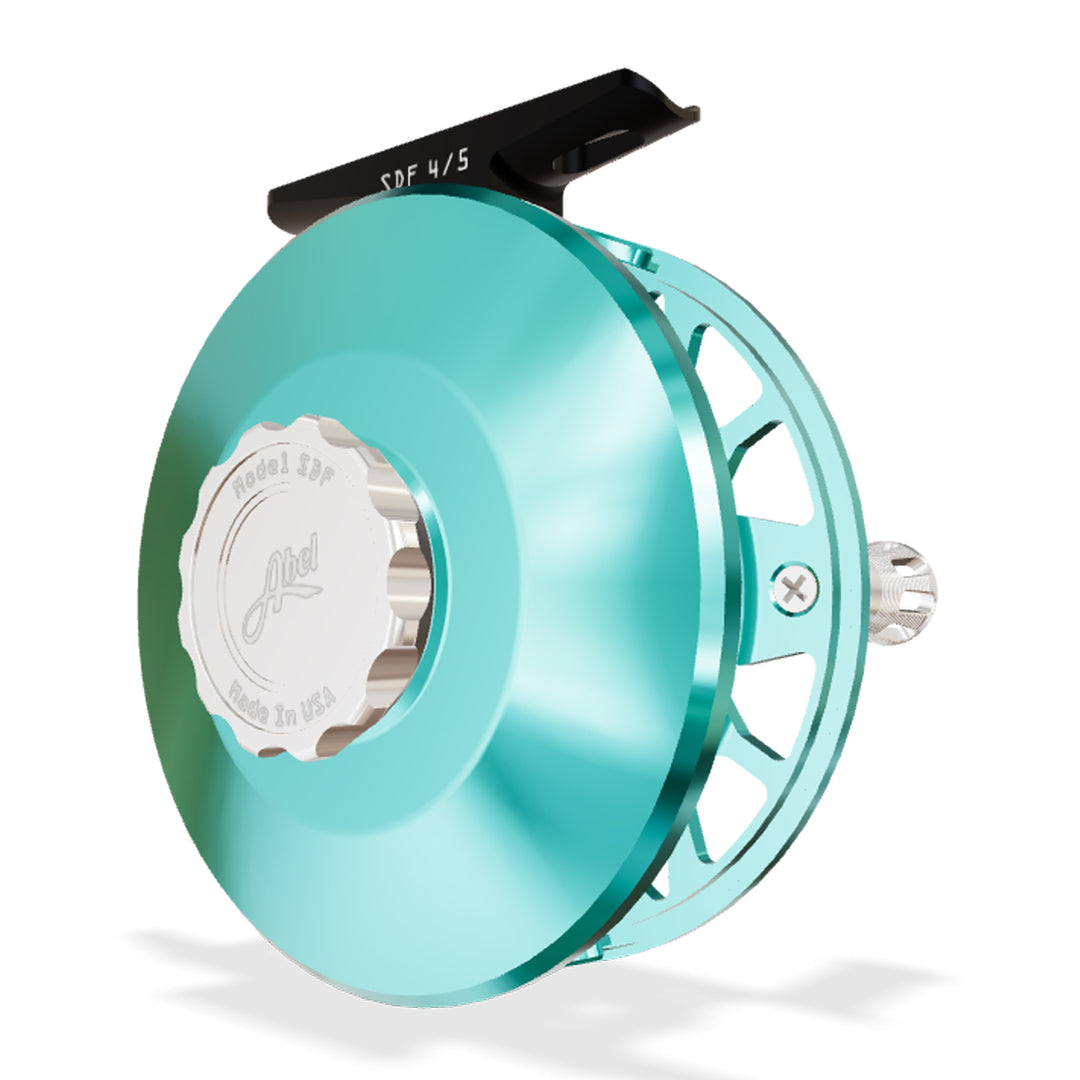 Abel SDF 4/5 Reel Teal, Platinum Drag Knob with Platinum Handle