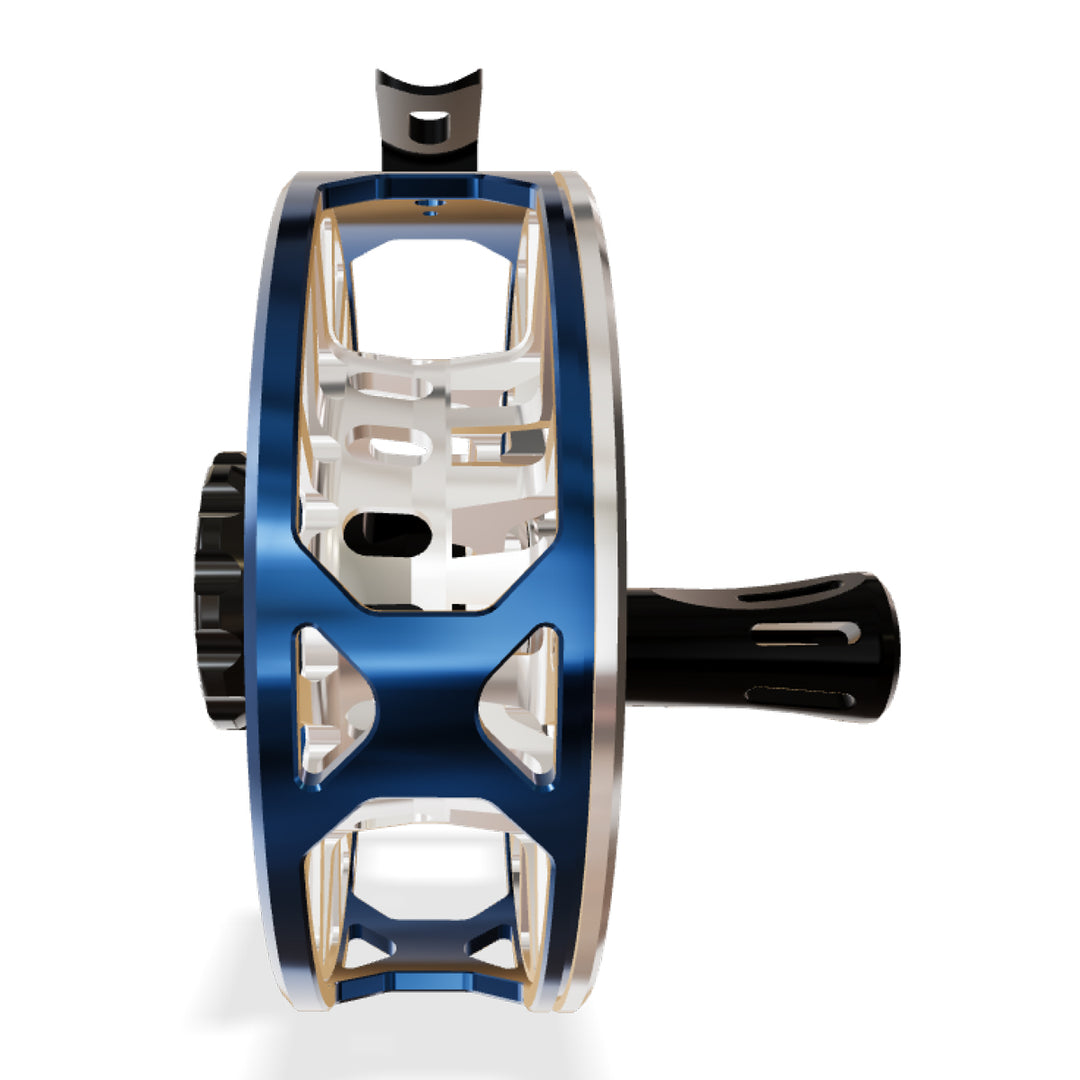 Abel SDX Reel 12/14 Ported Deep Blue Frame/Platinum Spool, Gloss Black Drag Knob w/Black Handle