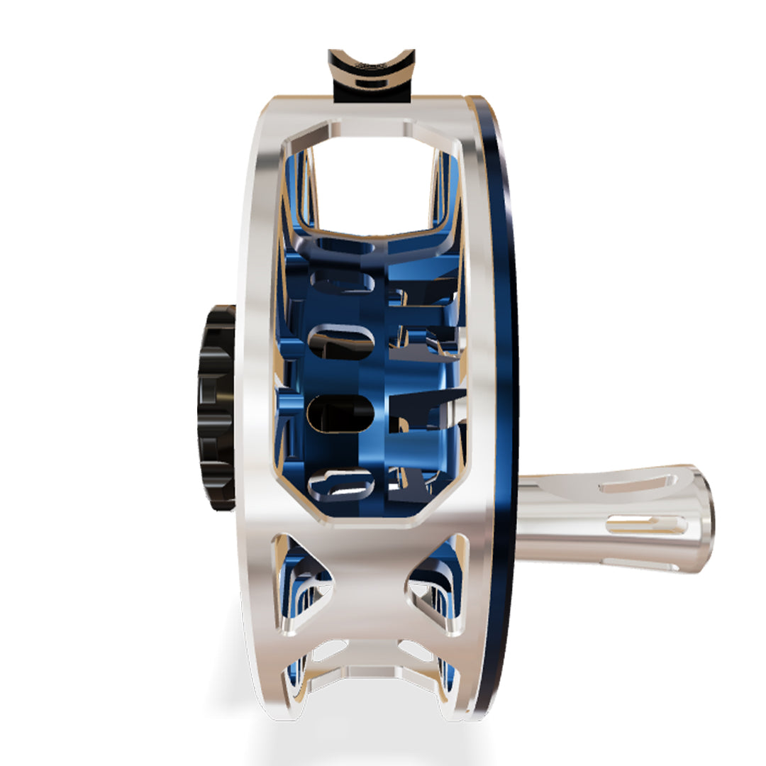 Abel SDX Reel 9/11 Ported Platinum Frame/Deep Blue Spool, Deep Blue Drag Knob w/Platinum Handle