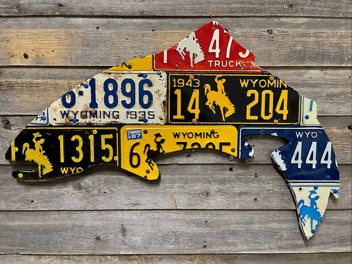 Wyoming Antique Trout License Plate Art - Madison River Fishing Company