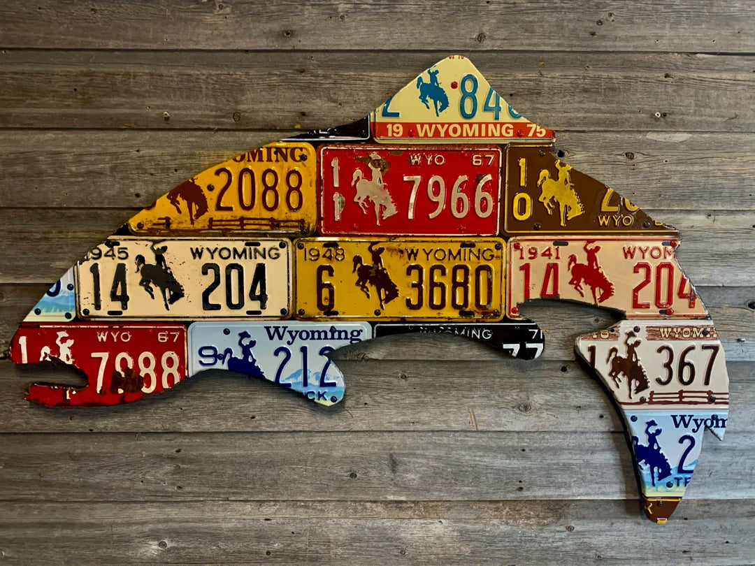 Large Antique 4-Foot Wyoming Trout License Plate Art - Madison River Fishing Company