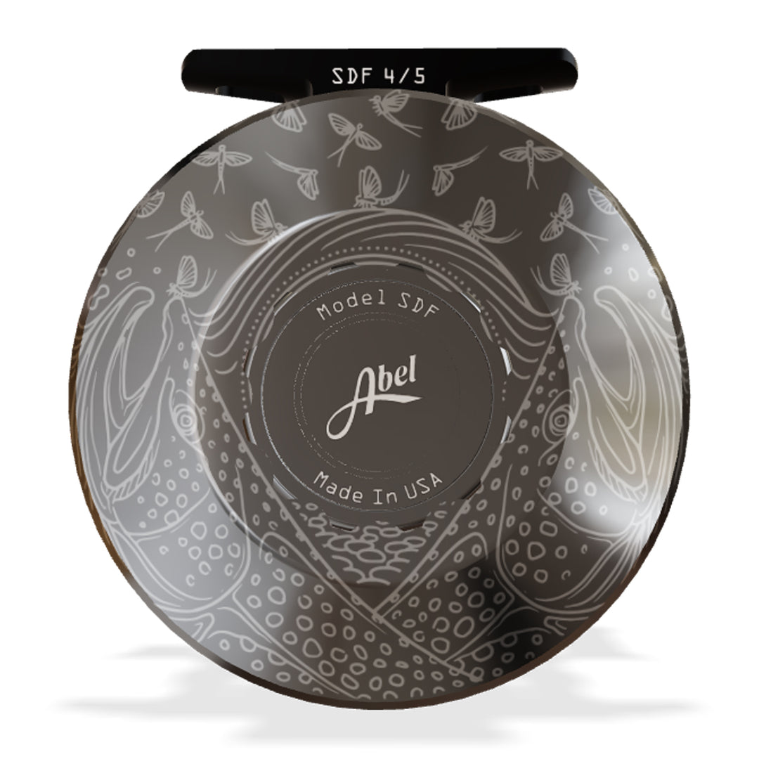 Abel SDF Reel 4/5 Solid Underwood Mayfly Furry Slate Gray, Slate Gray Drag Knob with Rosewood Handle