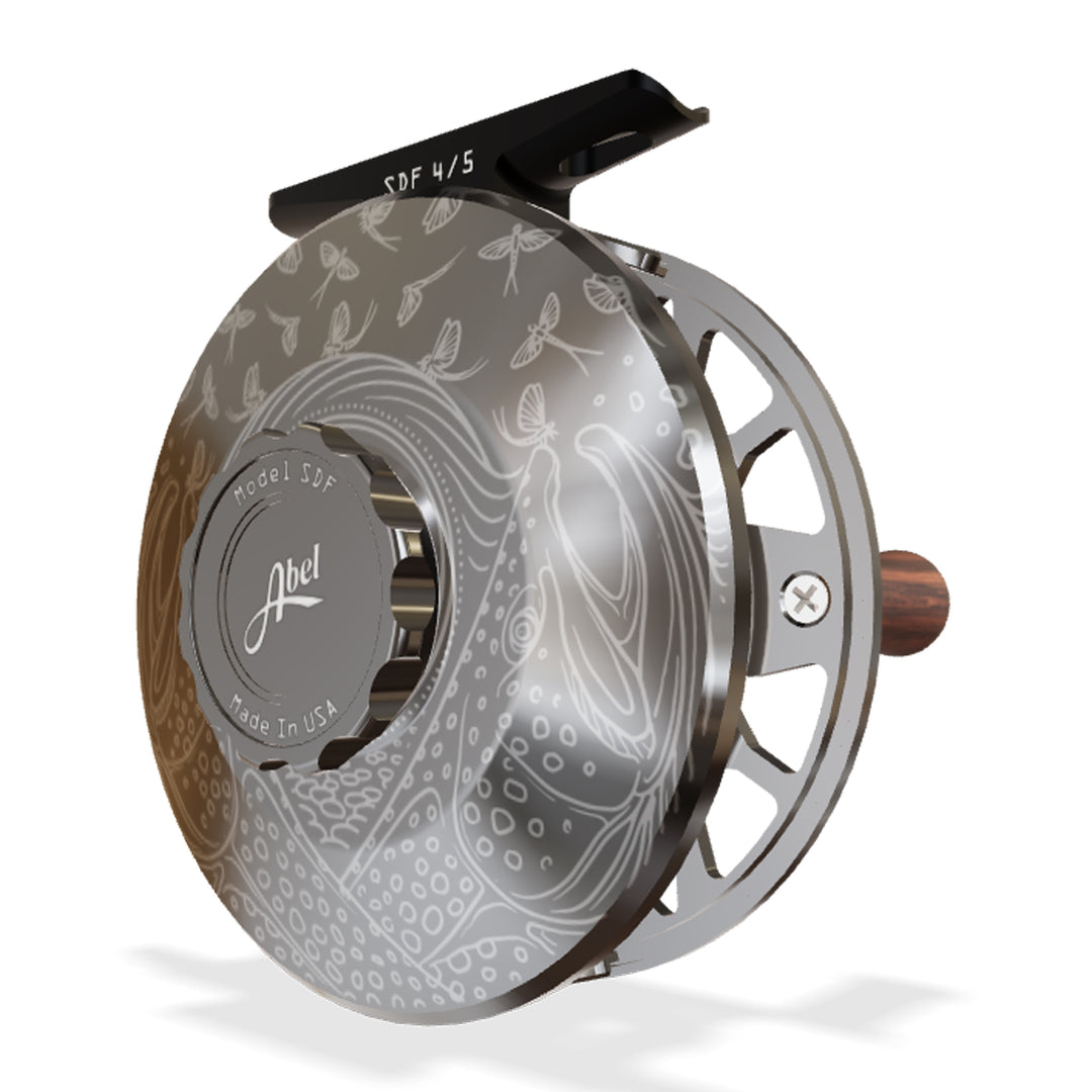Abel SDF Reel 4/5 Solid Underwood Mayfly Furry Slate Gray, Slate Gray Drag Knob with Rosewood Handle