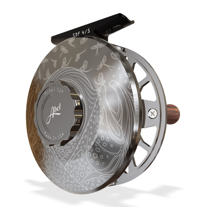 Abel SDF Reel 4/5 Solid Underwood Mayfly Furry Slate Gray, Slate Gray Drag Knob with Rosewood Handle