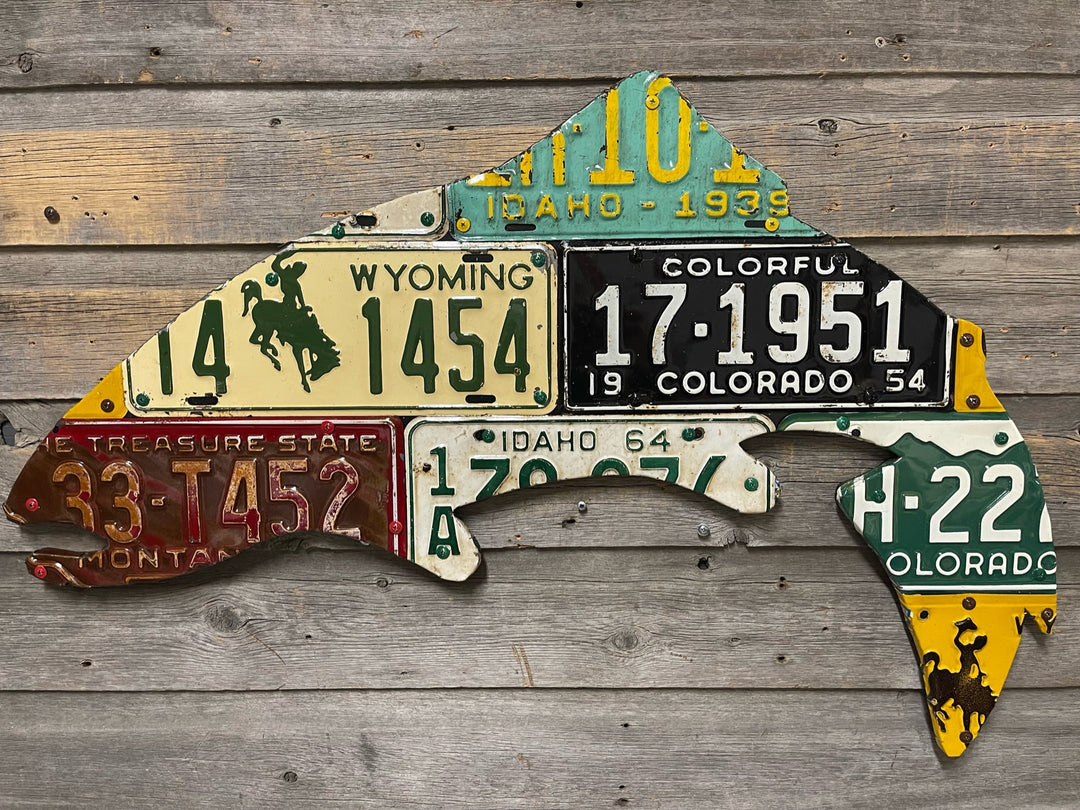 Antique Mixed Western State Trout License Plate Art - Madison River Fishing Company