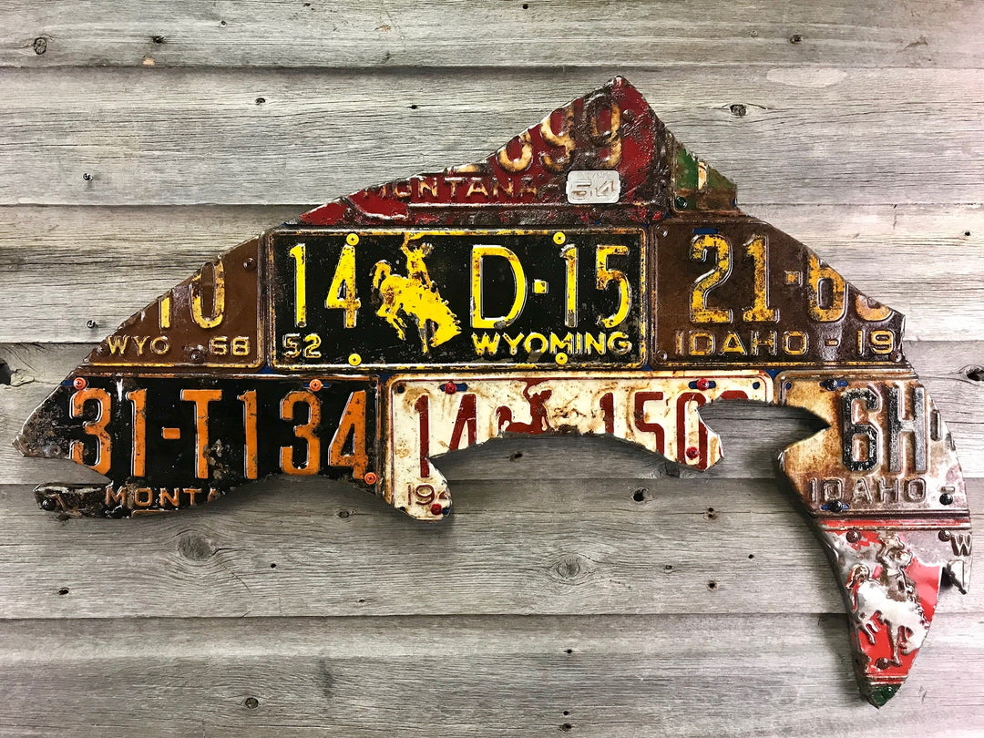 Antique Mixed Western State Trout License Plate Art