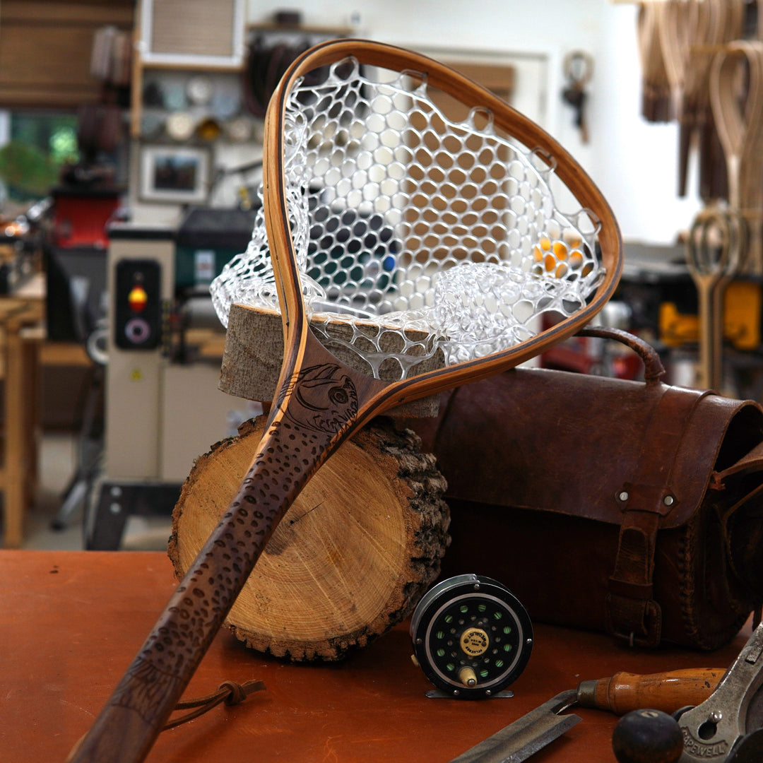 antique fly fishing nets net with wood handle 86 Vintage XL 18"x14" - Brook Trout