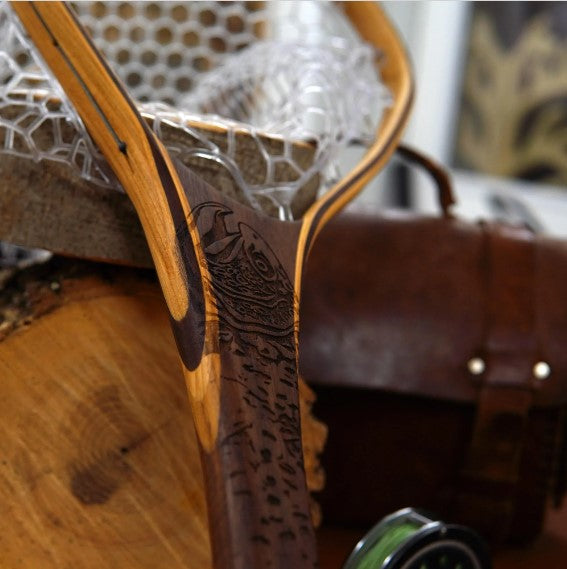 custom fishing net bags XL 18"x14" - Brown Trout Engraved - Natural Fly Fishing Traditional Landing Net