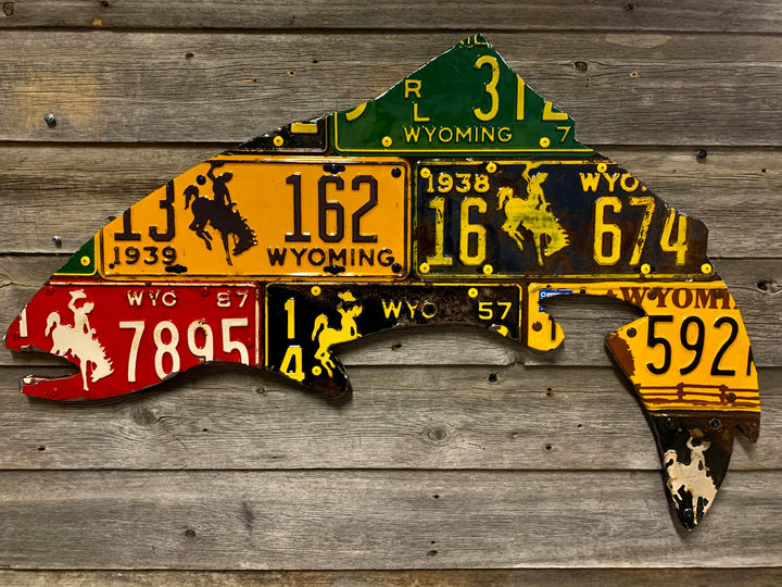 Wyoming Antique Trout License Plate Art - Madison River Fishing Company