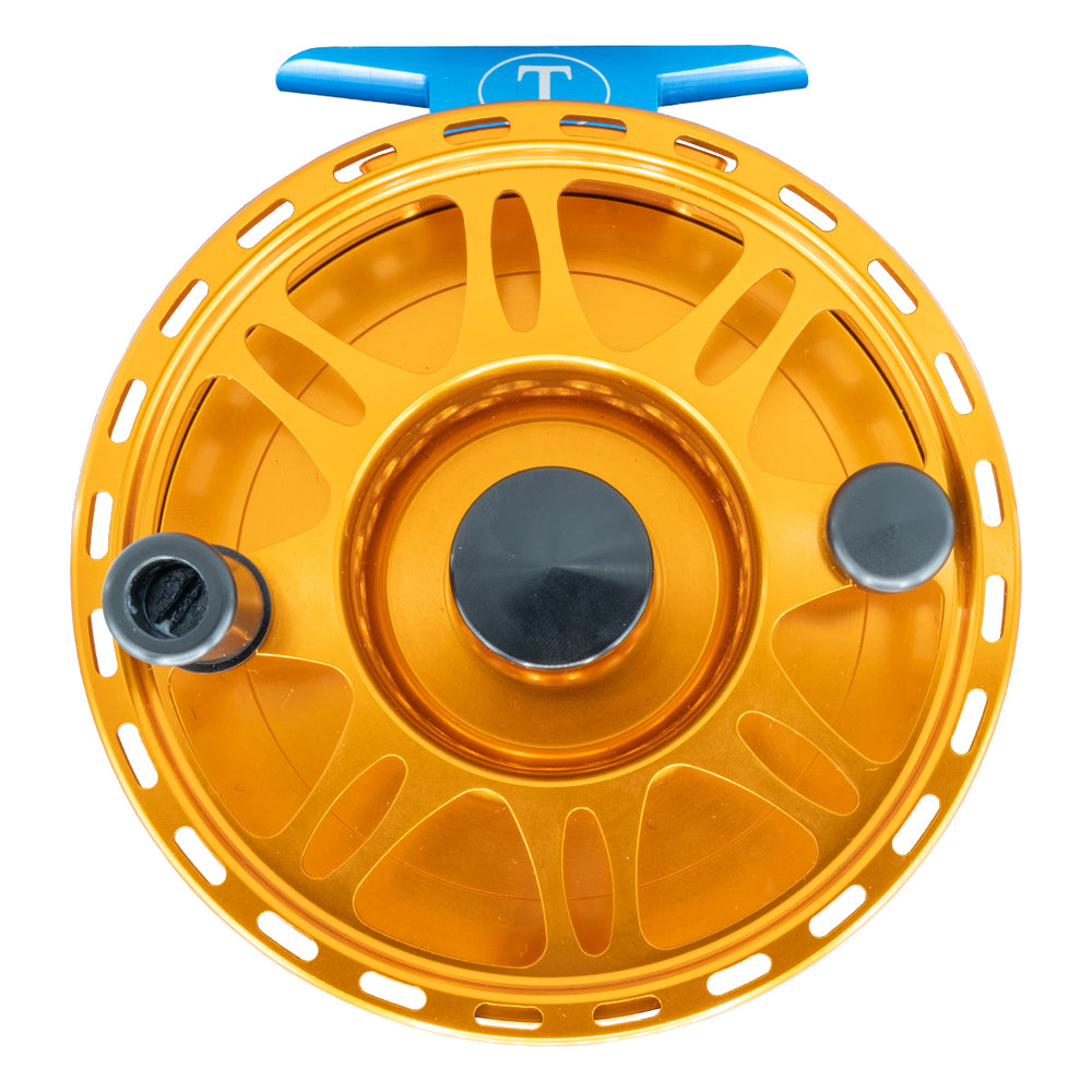Tibor Riptide Reel Custom Sunset Orange with Aqua with Permit Engraving