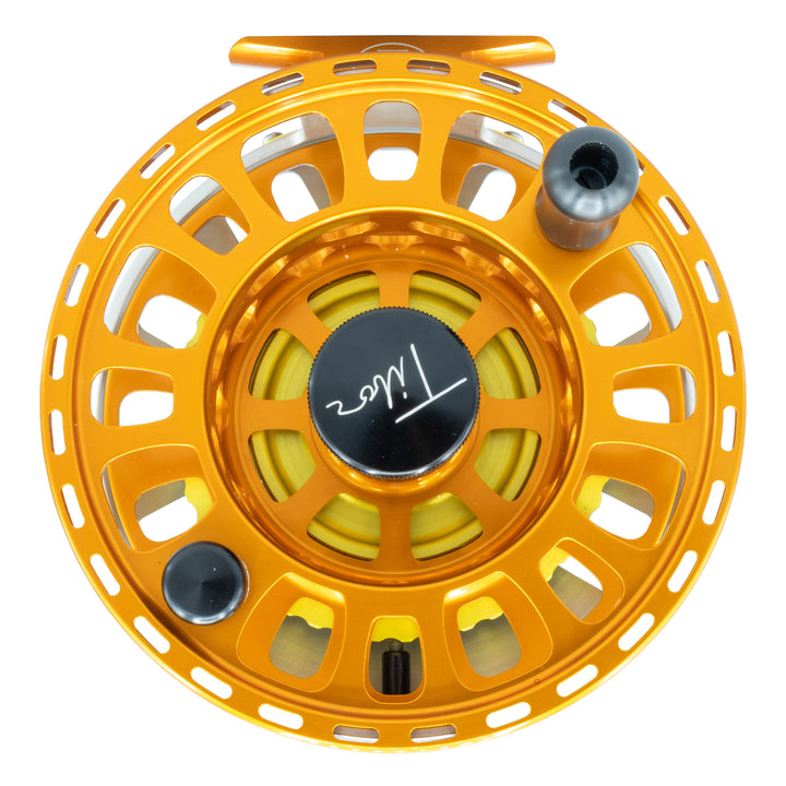 Tibor Signature Series Reel 11-12S Custom Frost Silver With Lemon Lime Hub with Tarpon Engraving