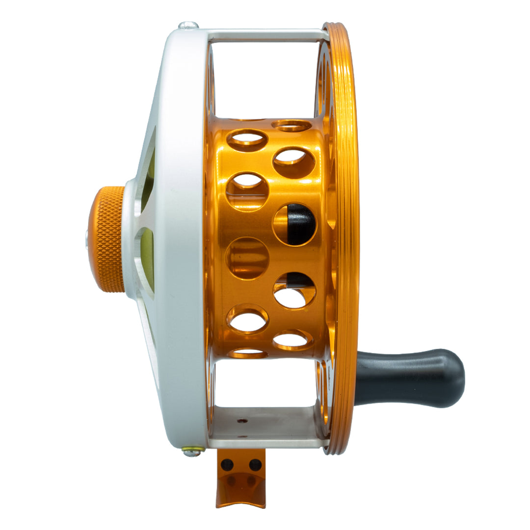 Tibor Signature Series Reel 11-12S Custom Frost Silver With Lemon Lime Hub with Tarpon Engraving