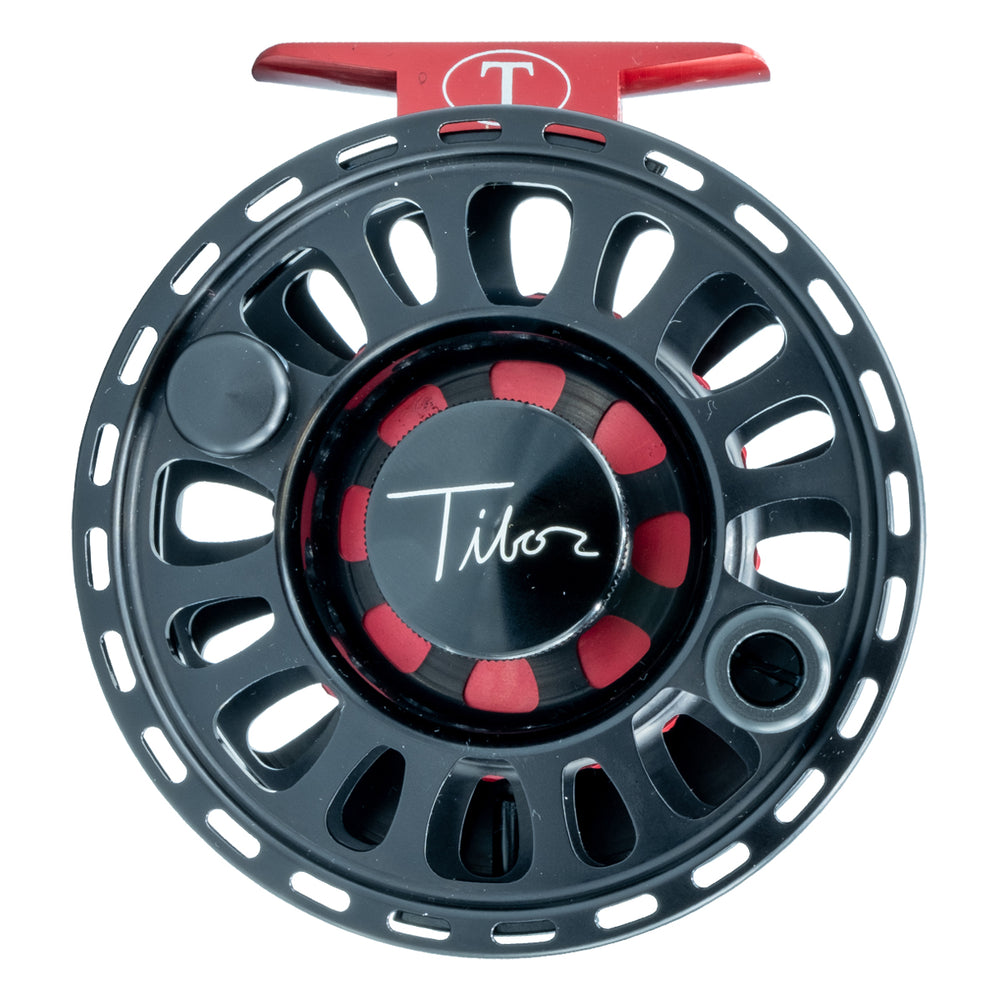 Tibor Signature Series Reel 7-8 Custom Frost Black with Red Hub