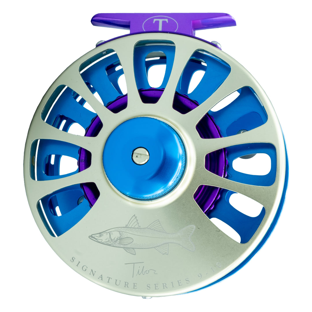 Tibor Signature Series Reel 9-10 Custom Gold with Violet Hub and Snook Engraving