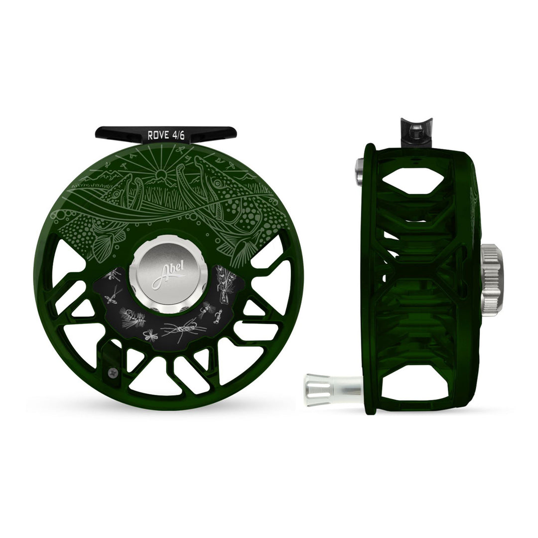 abel freshwater fly reels Abel ROVE Reel 4/6 Deep Green, Platinum Drag Knob, Underwood Drift and Freshwater Flies Engraving with Platinum Handle