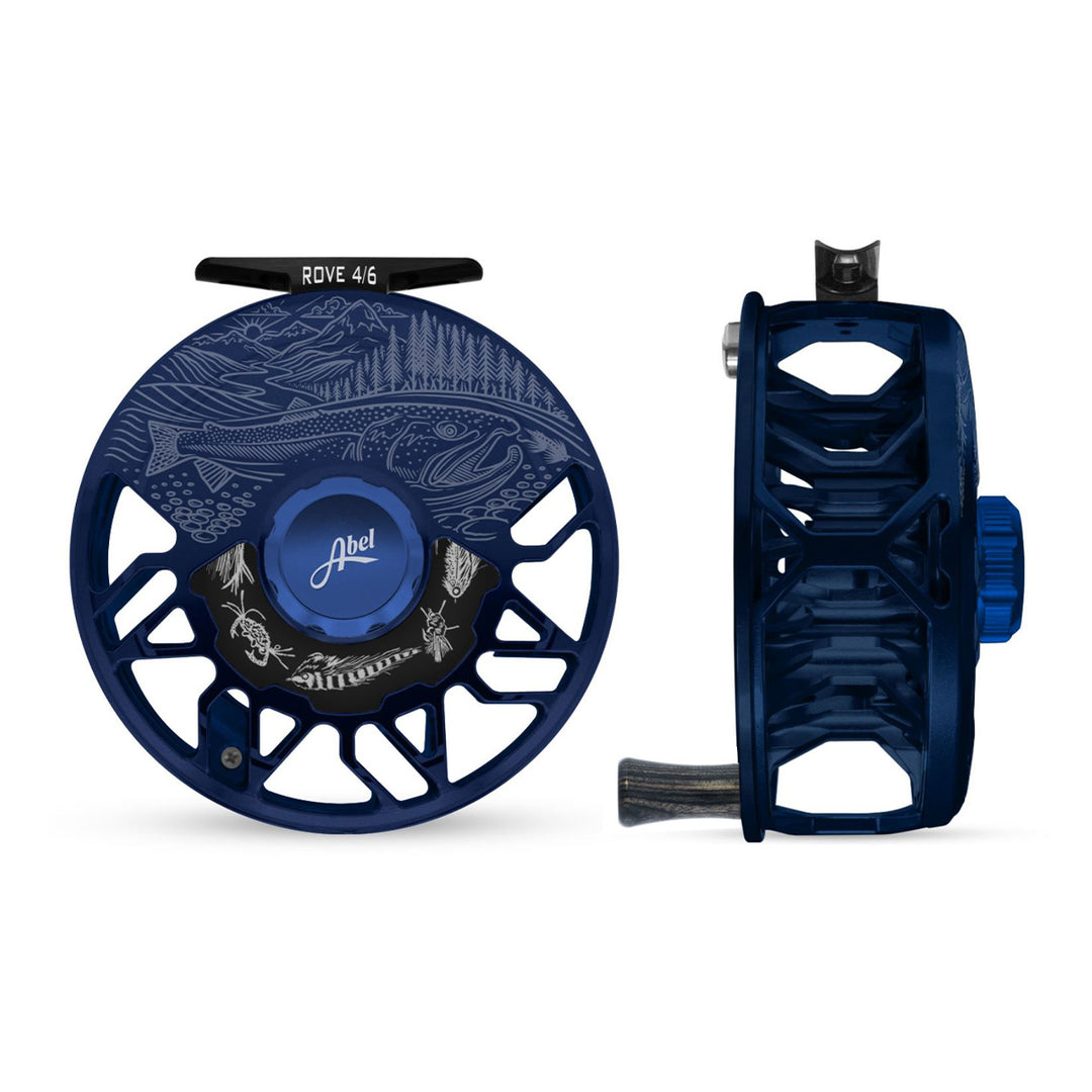 Abel ROVE Reel 4/6 Satin Deep Blue, Underwood Swing and Saltwater Flies Engraving with Ebony Handle Abel ROVE Reel 4/6 Satin Deep Blue, Underwood Swing and Saltwater Flies Engraving with Ebony Handle