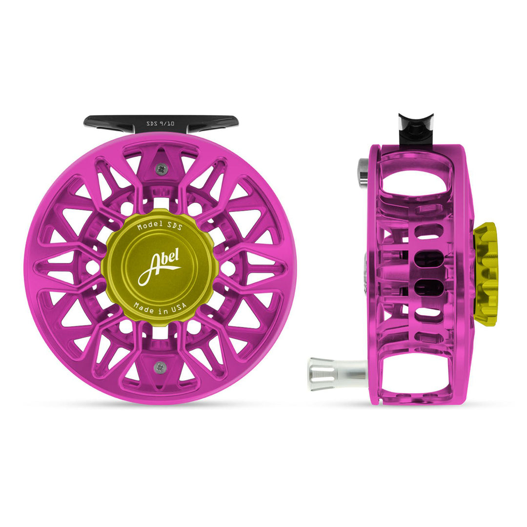 best pink fishing reel Abel SDS Reel Ported 9/10 Pink, Lime Green Drag Knob with Platinum Han – Madison River Fishing Company