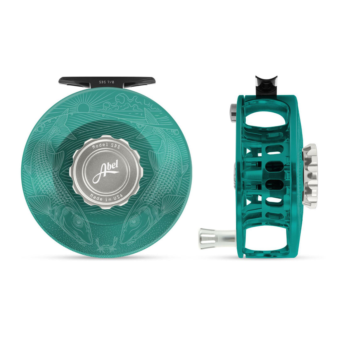Abel SDS Reel Solid 7/8 Teal, Platinum Drag Knob, Underwood Bonefish with Platinum Handle Abel SDS Reel Solid 7/8 Teal, Platinum Drag Knob, Underwood Bonefish with Platinum Handle