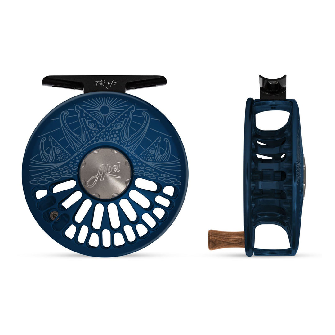 abel tr fly reels Abel TR Reel 4/5 Deep Blue, Underwood Last Light with Walnut Handle – Madison River Fishing Company