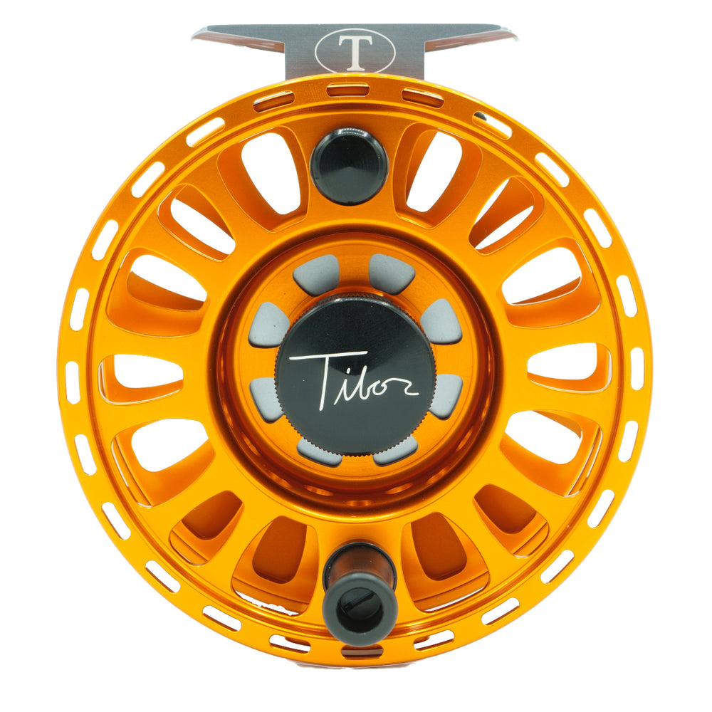 Tibor Signature Series Reel 9-10 Custom Sunset Orange with Graphite Hub